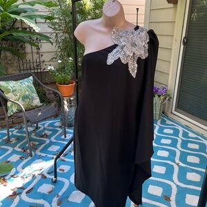 Elegant Black One-Shoulder Dress with Silver Embellishment